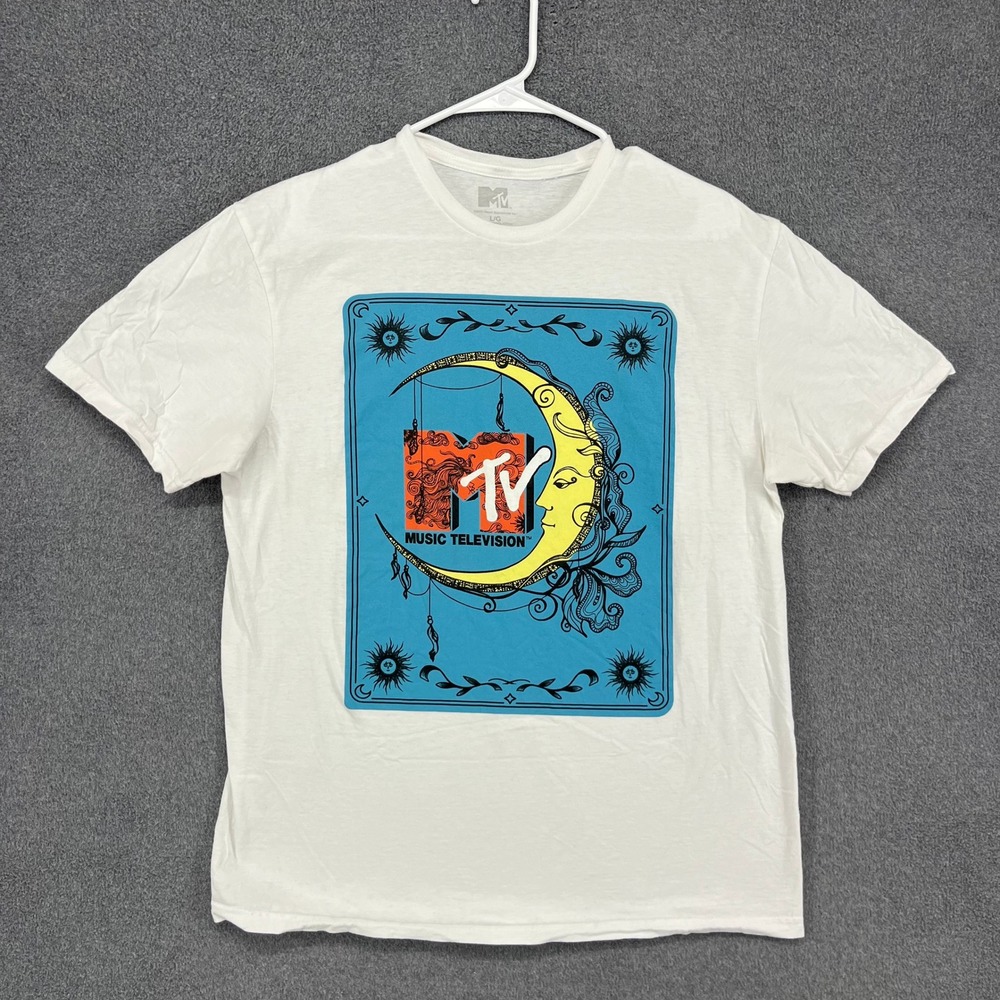 MTV Music Television Moon Face Graphic T‎ Shirt Large White Short Sleeve